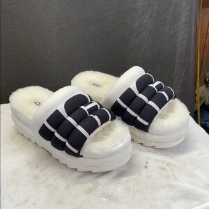 UGG Women's Black and White Plush platform Slippers